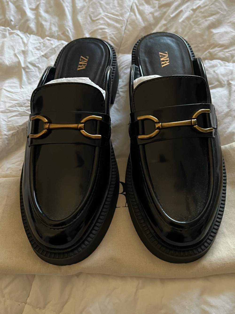 Zara Black Patent Slip-On Loafers with Gold Horsebit Detail
